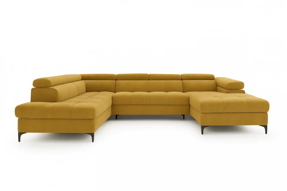 Coltar extensibil in forma de U si spatiu depozitare din catifea galben Ferruce III L344 x 202cm