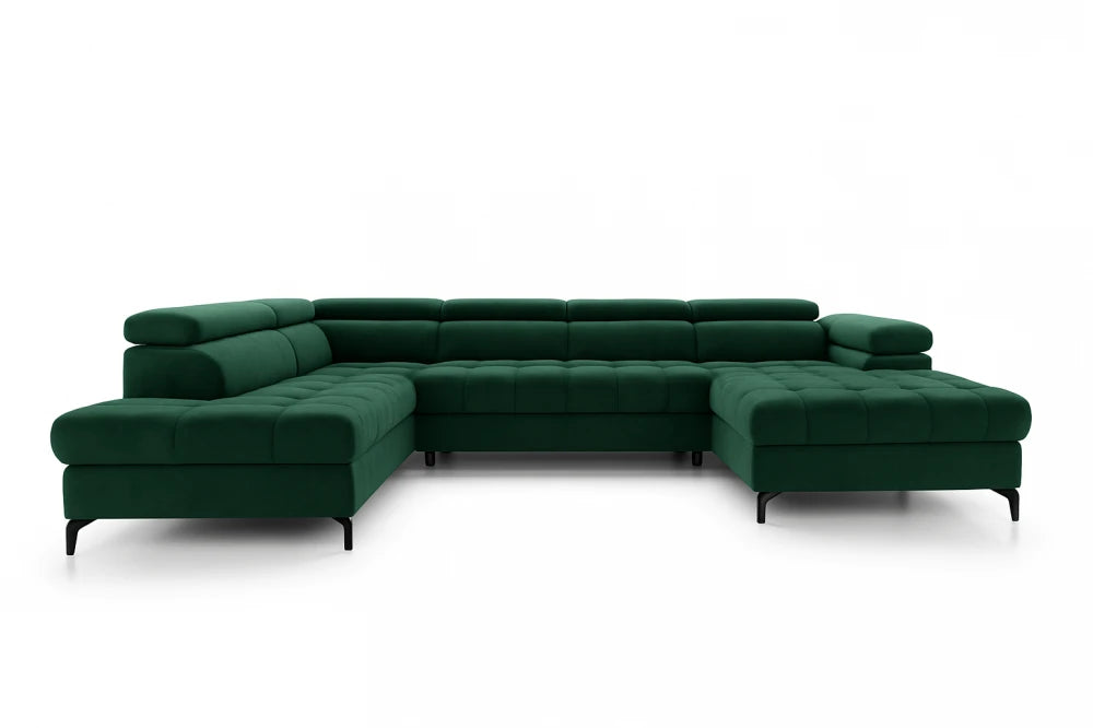 Coltar extensibil in forma de U si spatiu depozitare din catifea verde Ferruce III L344 x 202cm