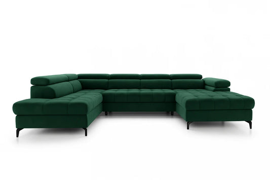Coltar extensibil in forma de U si spatiu depozitare din catifea verde Ferruce III L344 x 202cm