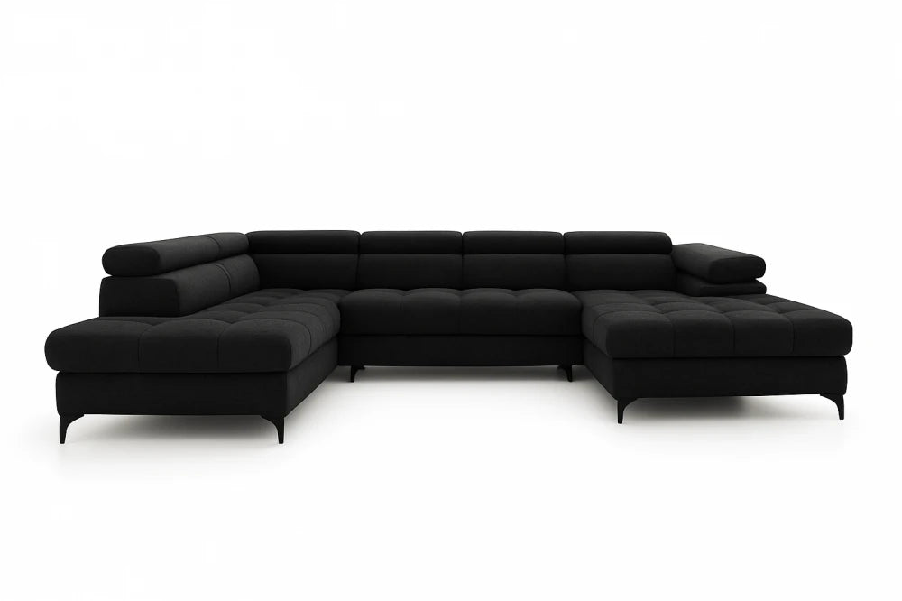 Coltar extensibil in forma de U si spatiu depozitare din catifea negru Ferruce III L344 x 202cm