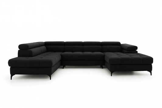 Coltar extensibil in forma de U si spatiu depozitare din catifea negru Ferruce III L344 x 202cm