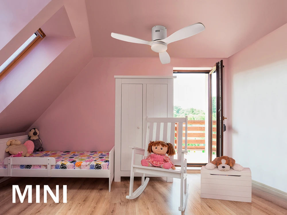 Ventilator cu iluminat Mini din Metal Alb si Lemn Alb 24W D107xH30cm Siroco