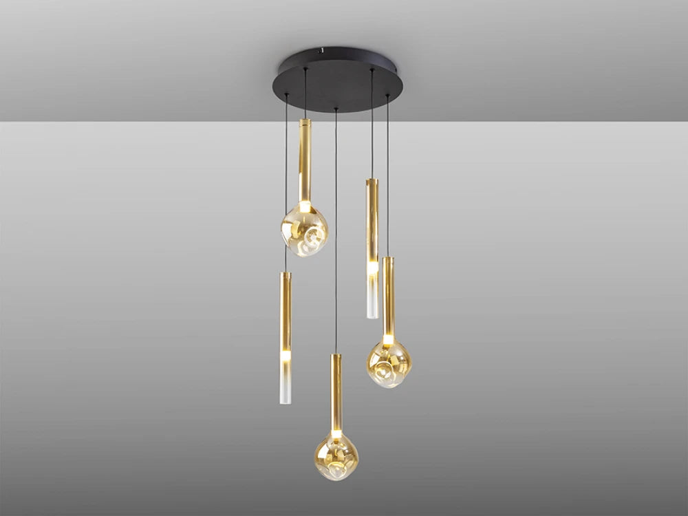 Lustra din Metal Negru si Sticla Auriu Amber/Transparent 20W D41xH210cm Essenza