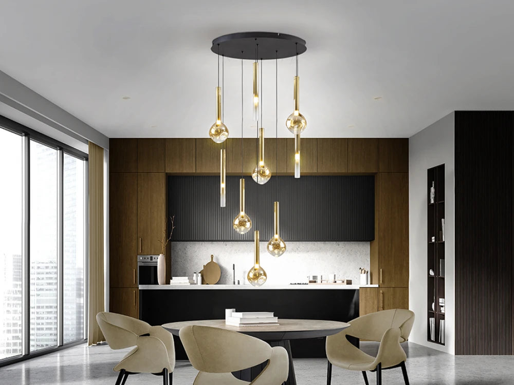 Candelabru din Metal Negru si Sticla Auriu Amber/Transparent 36W D65xH200cm Essenza