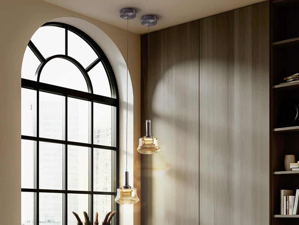 Pendul din Aluminiu Bronz Inchis si Sticla Auriu Amber 6W D18xH160cm Scarlett