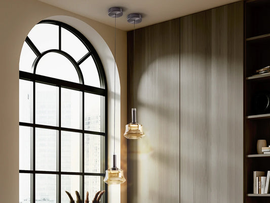 Pendul din Aluminiu Bronz Inchis si Sticla Auriu Amber 6W D18xH160cm Scarlett