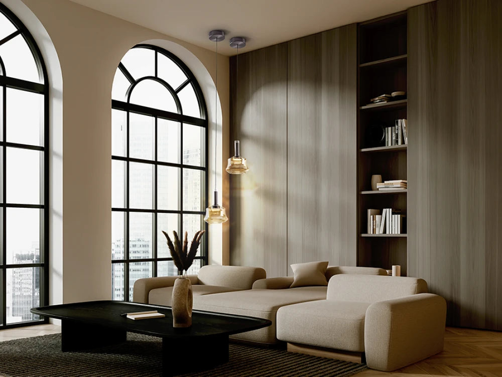 Pendul din Aluminiu Bronz Inchis si Sticla Auriu Amber 6W D18xH160cm Scarlett