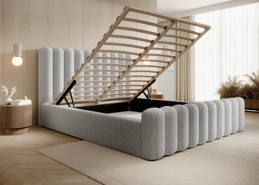 Pat 160 x 200 tapitat cu Stofa boucle Abriamo Gri deschis Mira