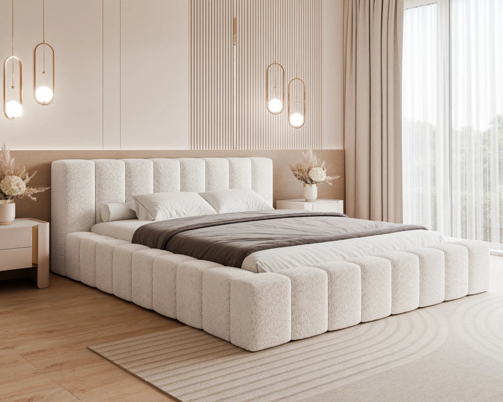 Pat 140 x 200 tapitat cu Stofa boucle Abriamo Alb Cubo