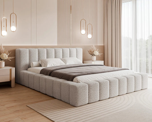 Pat 180 x 200 tapitat cu Stofa boucle Abriamo Gri deschis Cubo