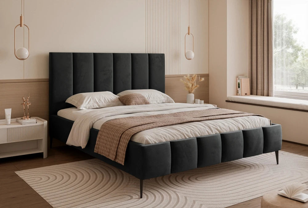 Pat 160 x 200 tapitat cu Catifea Velutto Negru Lara