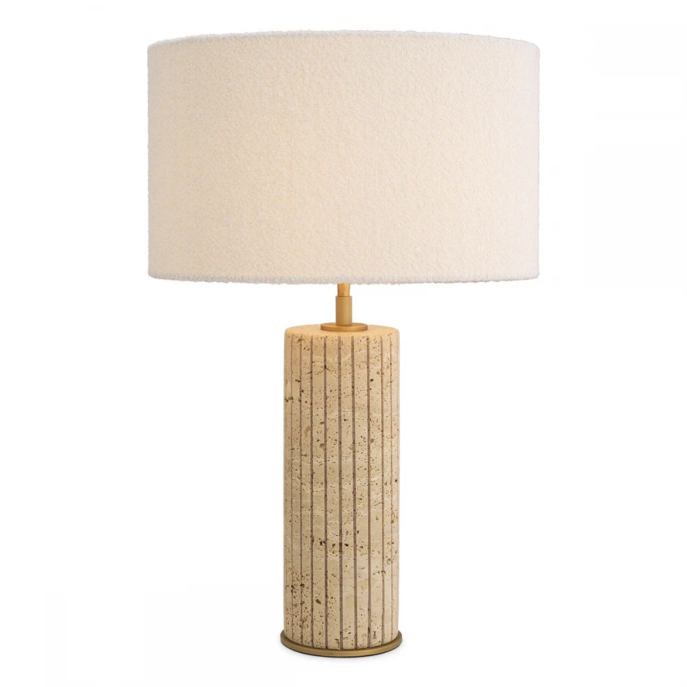 Veioza din Metal/Travertin Alama/Bej si Stofa boucle Alb H61xL40cm Giova Round Eichholtz
