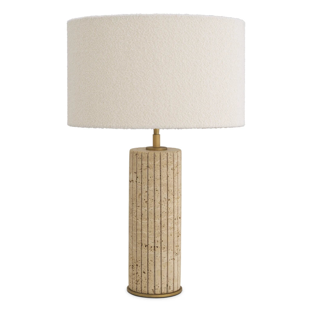 Veioza din Metal/Travertin Alama/Bej si Stofa boucle Alb H61xL40cm Giova Round Eichholtz