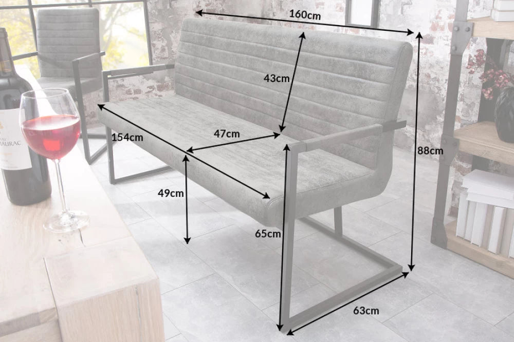 Banca din Metal Negru si Microfibra Gri H88xL160cm Loft