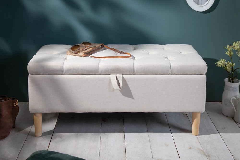 Bancheta cu spatiu de depozitare din Lemn Maro si Stofa Bej H45xL100cm Castle