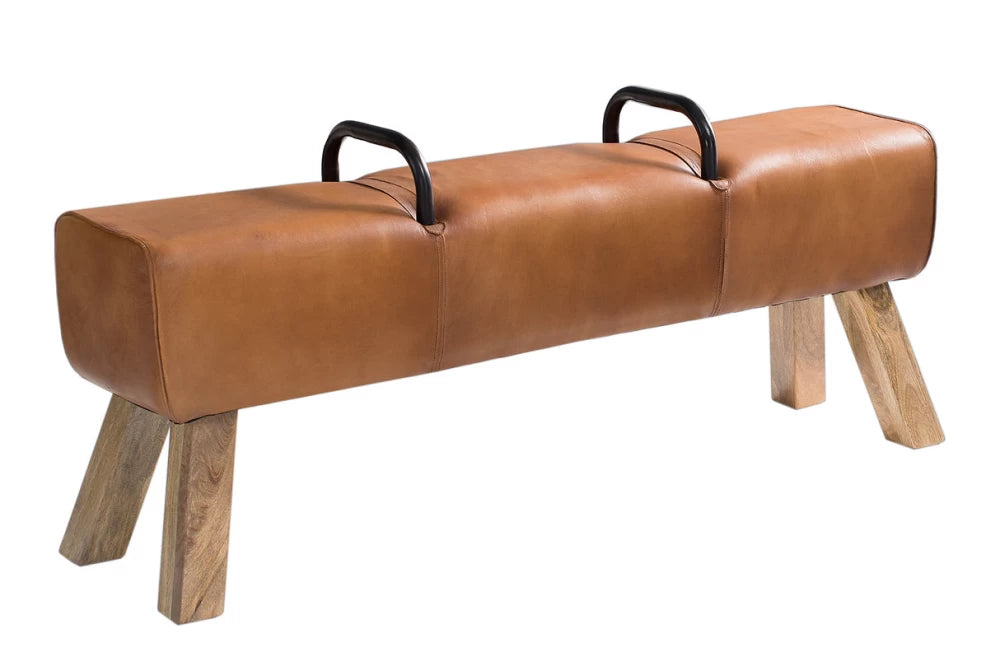 Bancheta din Lemn de mango Maro si Piele naturala Maro deschis H60xL134cm Bock