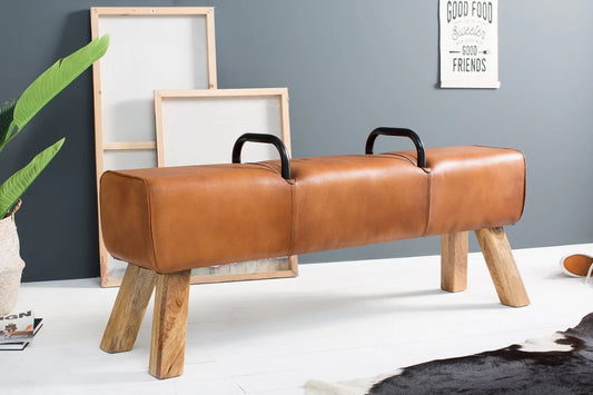 Bancheta din Lemn de mango Maro si Piele naturala Maro deschis H60xL134cm Bock