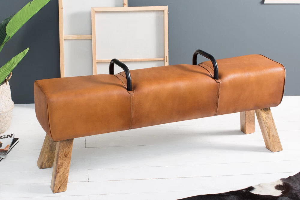 Bancheta din Lemn de mango Maro si Piele naturala Maro deschis H60xL134cm Bock