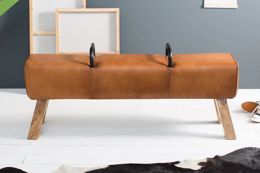 Bancheta din Lemn de mango Maro si Piele naturala Maro deschis H60xL134cm Bock