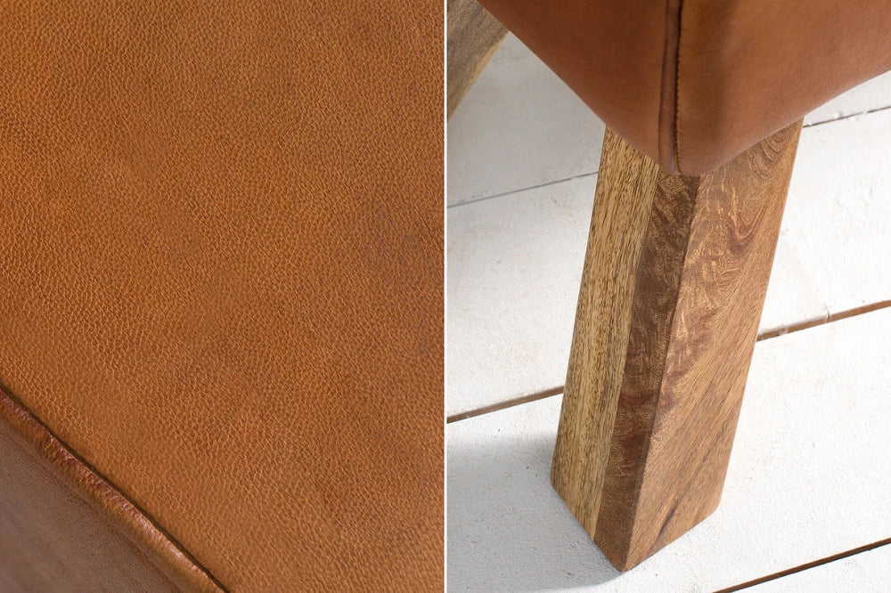 Bancheta din Lemn de mango Maro si Piele naturala Maro deschis H60xL134cm Bock