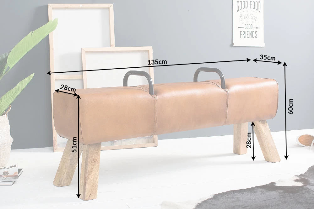 Bancheta din Lemn de mango Maro si Piele naturala Maro deschis H60xL134cm Bock