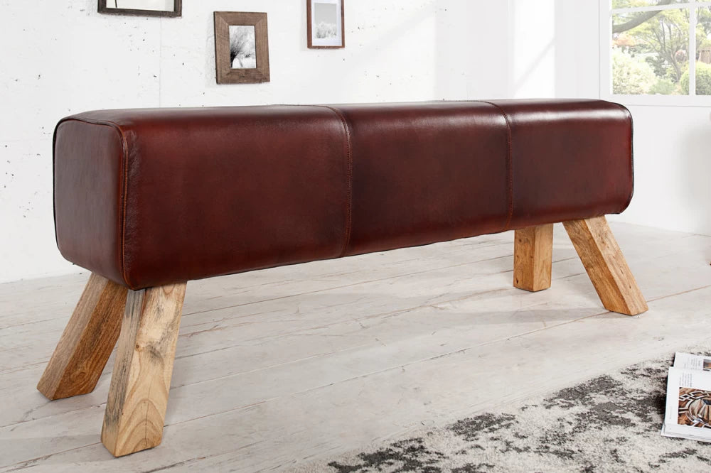 Bancheta din Lemn de mango Maro si Piele naturala Maro H50xL120cm Bock