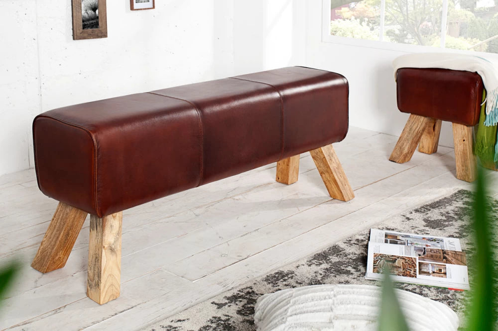 Bancheta din Lemn de mango Maro si Piele naturala Maro H50xL120cm Bock