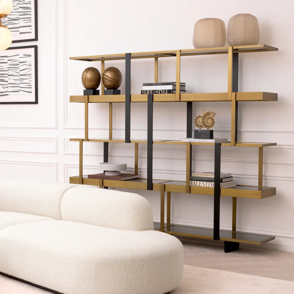 Biblioteca din Otel inoxidabil Alama/Negru si Sticla securizata Fumuriu/Negru L230xH200cm Mercure Eichholtz