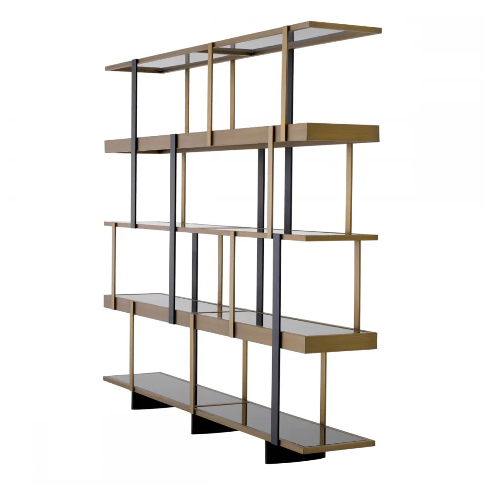Biblioteca din Otel inoxidabil Alama/Negru si Sticla securizata Fumuriu/Negru L230xH200cm Mercure Eichholtz