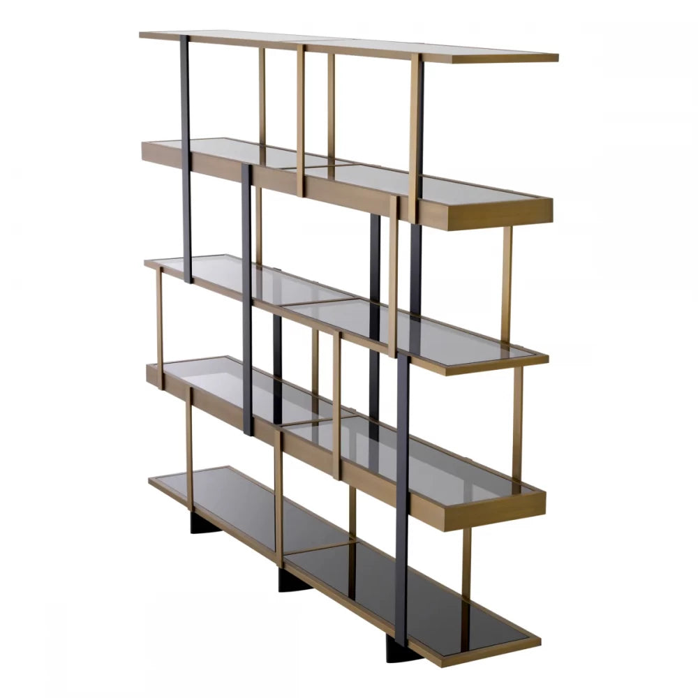 Biblioteca din Otel inoxidabil Alama/Negru si Sticla securizata Fumuriu/Negru L230xH200cm Mercure Eichholtz