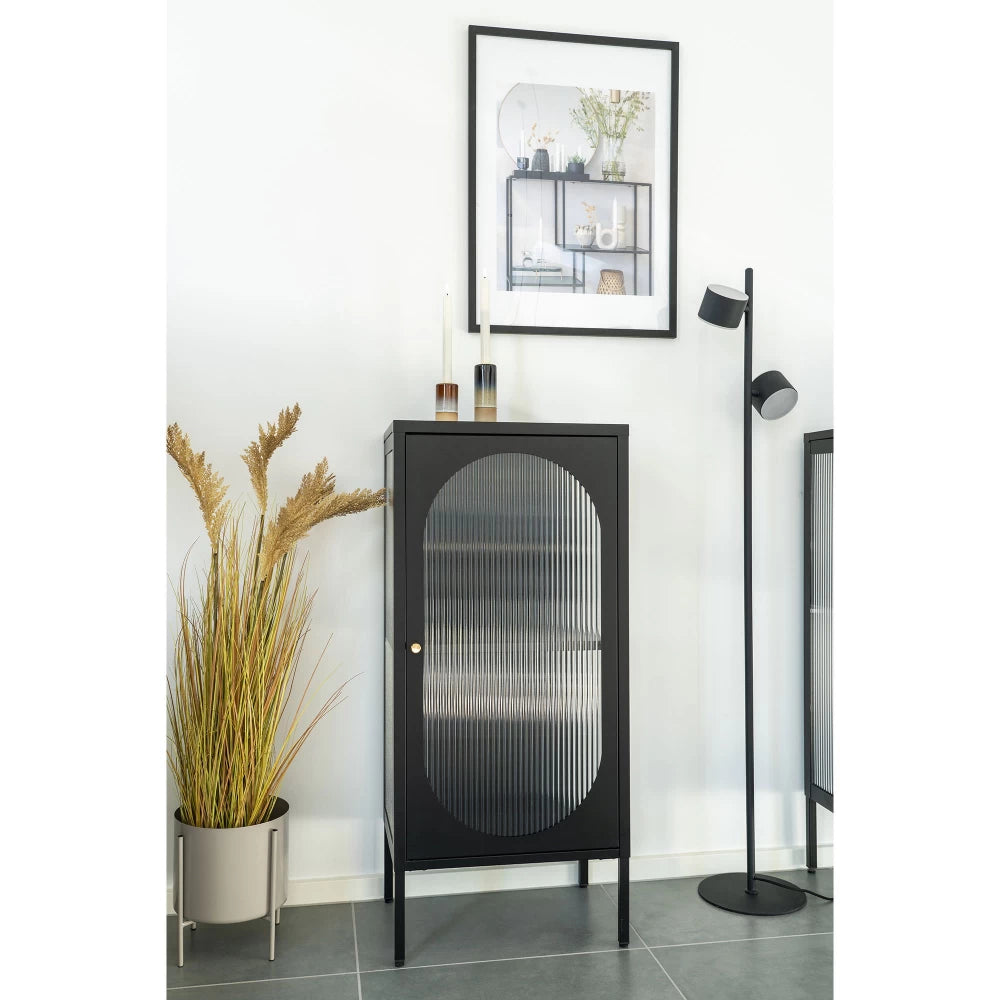 Comoda cu 1 usa din Sticla transparenta si Metal Negru L50xH110cm Adelaide