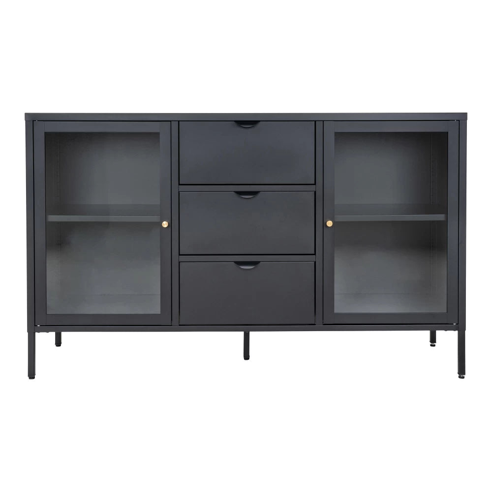 Comoda cu 2 usi din Sticla transparenta si 3 sertare si Metal Negru L140xH85cm Dalby