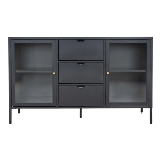 Comoda cu 2 usi din Sticla transparenta si 3 sertare si Metal Negru L140xH85cm Dalby