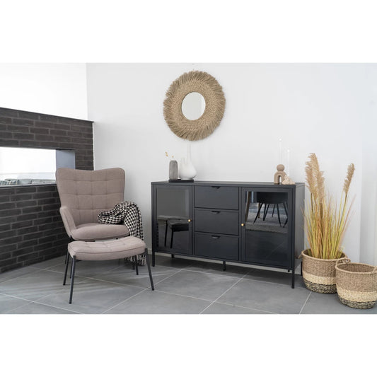 Comoda cu 2 usi din Sticla transparenta si 3 sertare si Metal Negru L140xH85cm Dalby