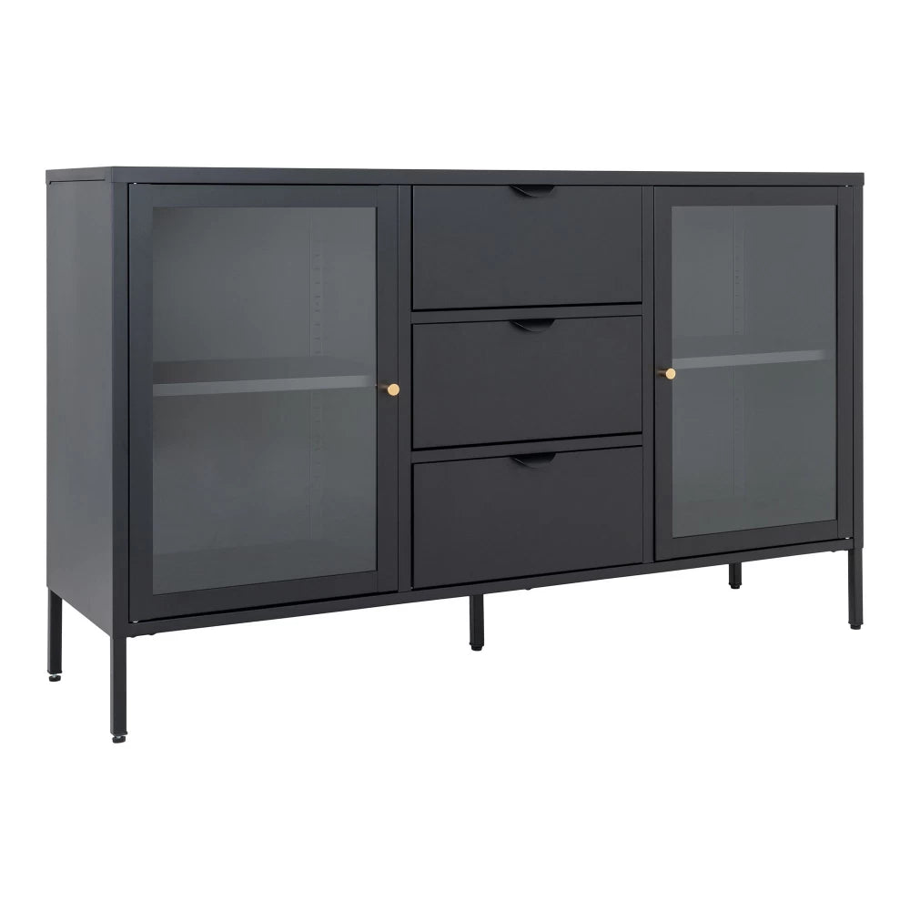 Comoda cu 2 usi din Sticla transparenta si 3 sertare si Metal Negru L140xH85cm Dalby
