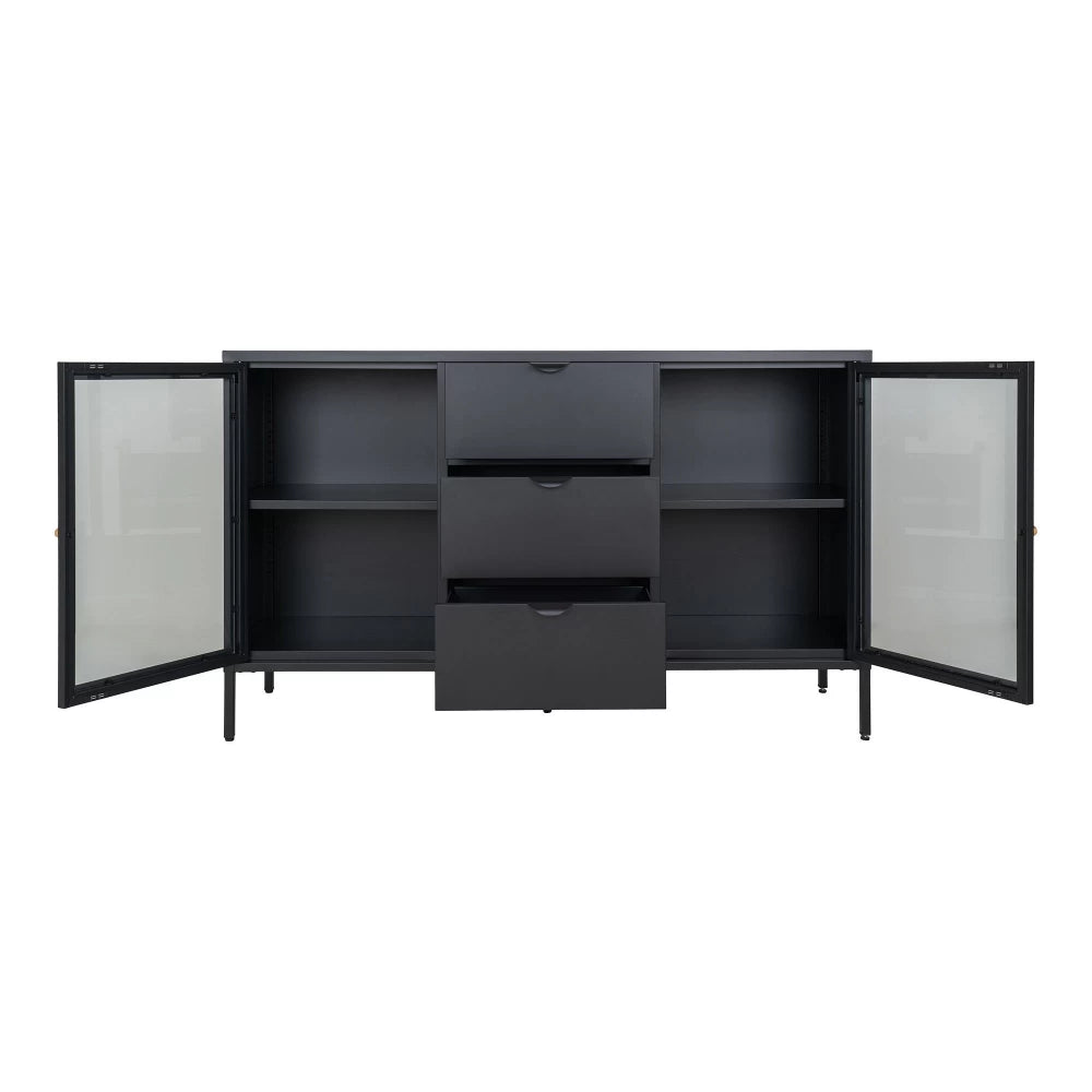 Comoda cu 2 usi din Sticla transparenta si 3 sertare si Metal Negru L140xH85cm Dalby