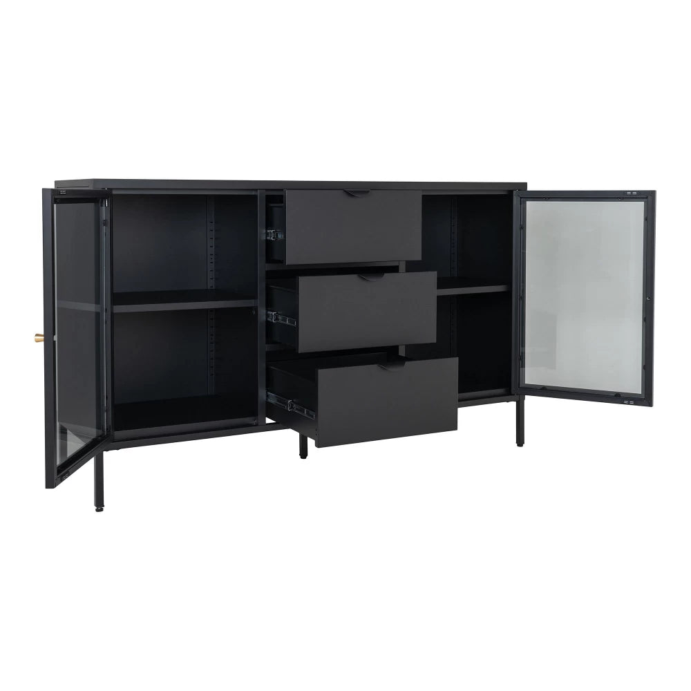 Comoda cu 2 usi din Sticla transparenta si 3 sertare si Metal Negru L140xH85cm Dalby