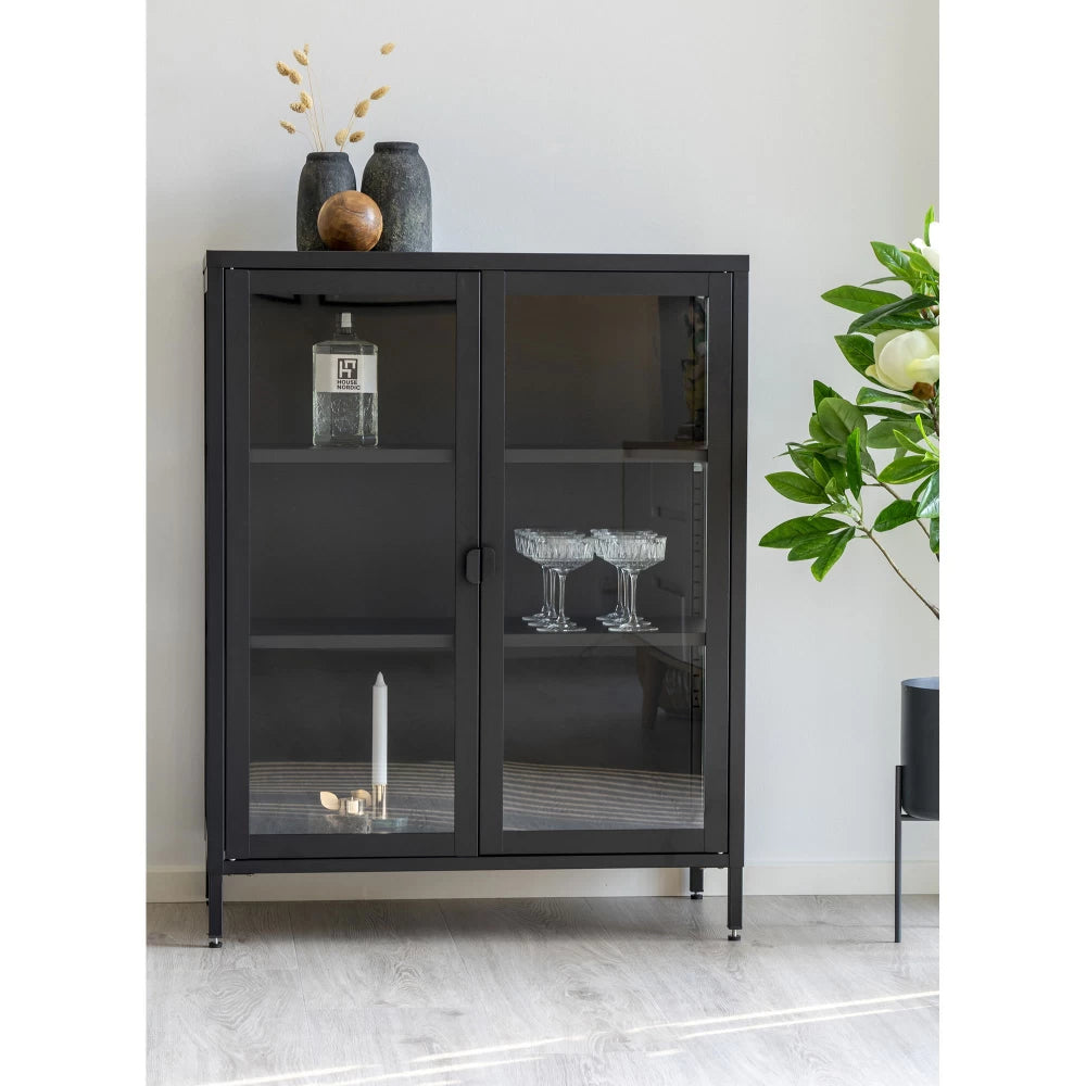 Comoda cu 2 usi din Sticla transparenta si Metal Negru L80xH101cm Brisbane