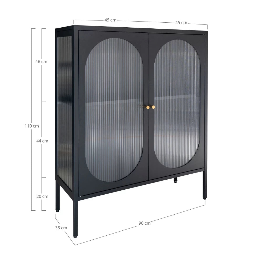 Comoda cu 2 usi din Sticla transparenta si Metal Negru L90xH110cm Adelaide