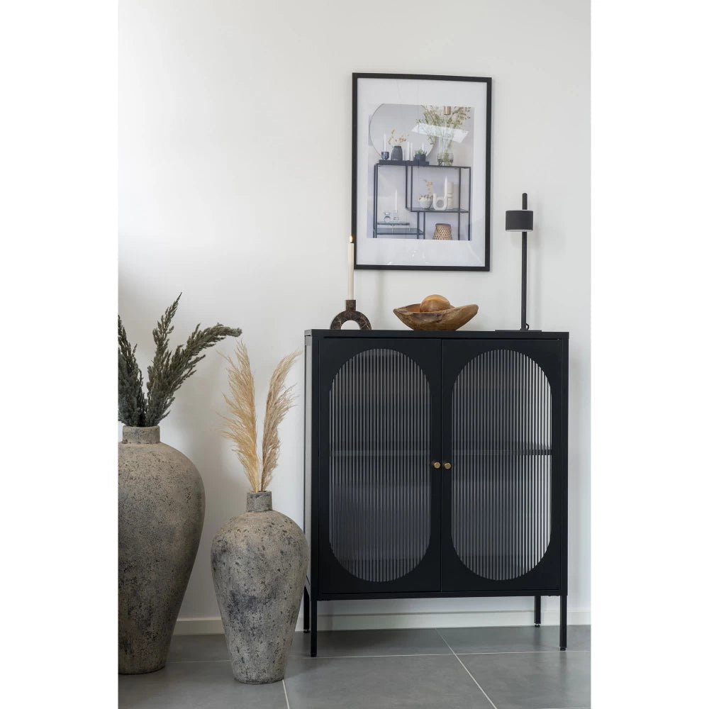 Comoda cu 2 usi din Sticla transparenta si Metal Negru L90xH110cm Adelaide