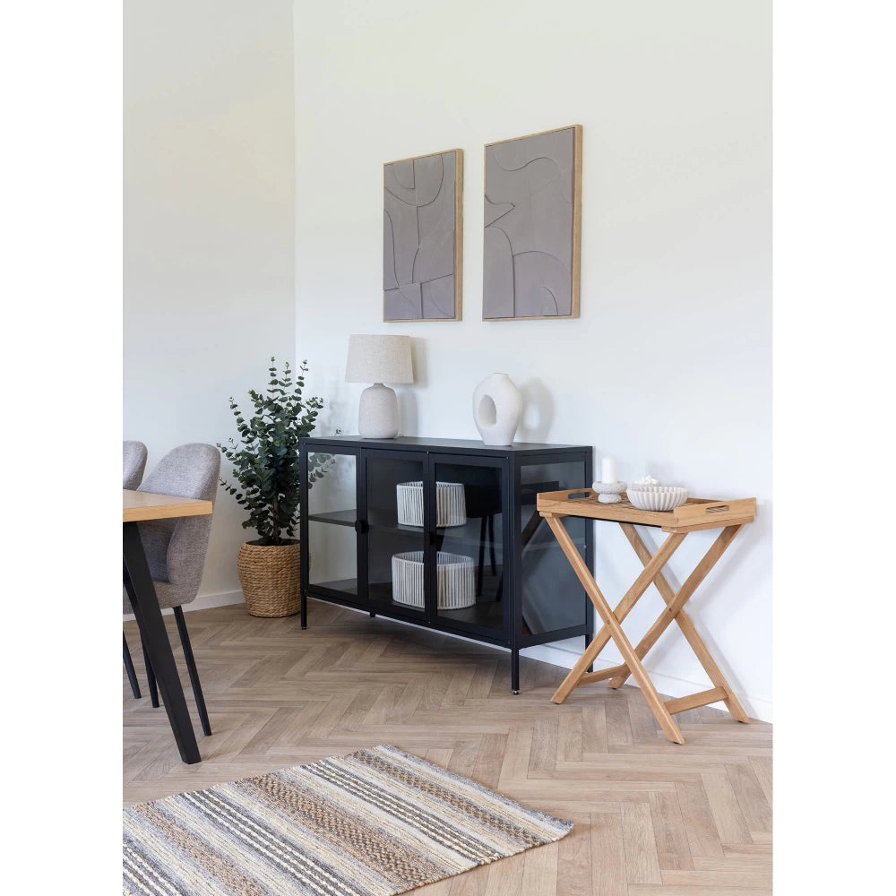 Comoda cu 3 usi din Sticla transparenta si Metal Negru L140xH85cm Brisbane