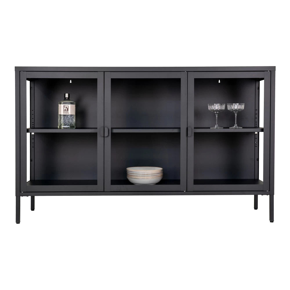 Comoda cu 3 usi din Sticla transparenta si Metal Negru L140xH85cm Brisbane