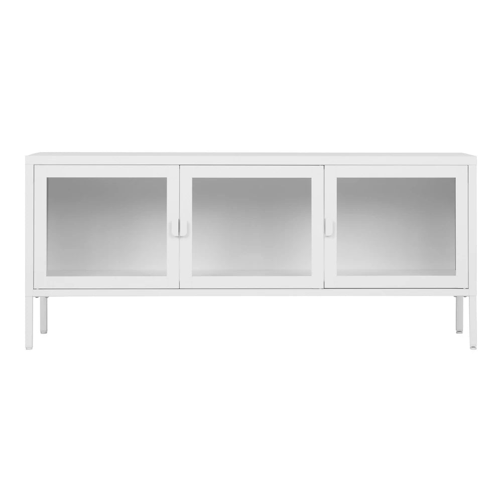 Comoda TV cu 3 usi din Sticla transparenta si Metal Alb L130xH55cm Brisbane