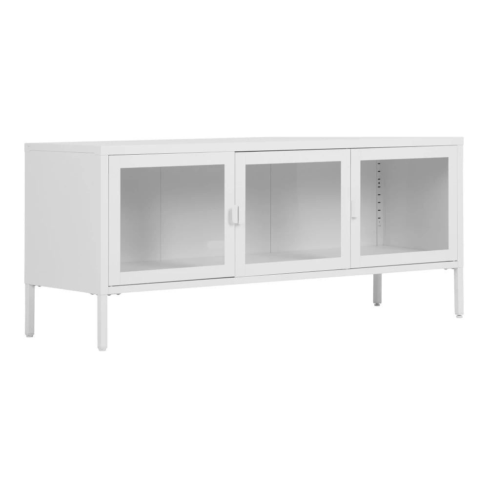 Comoda TV cu 3 usi din Sticla transparenta si Metal Alb L130xH55cm Brisbane