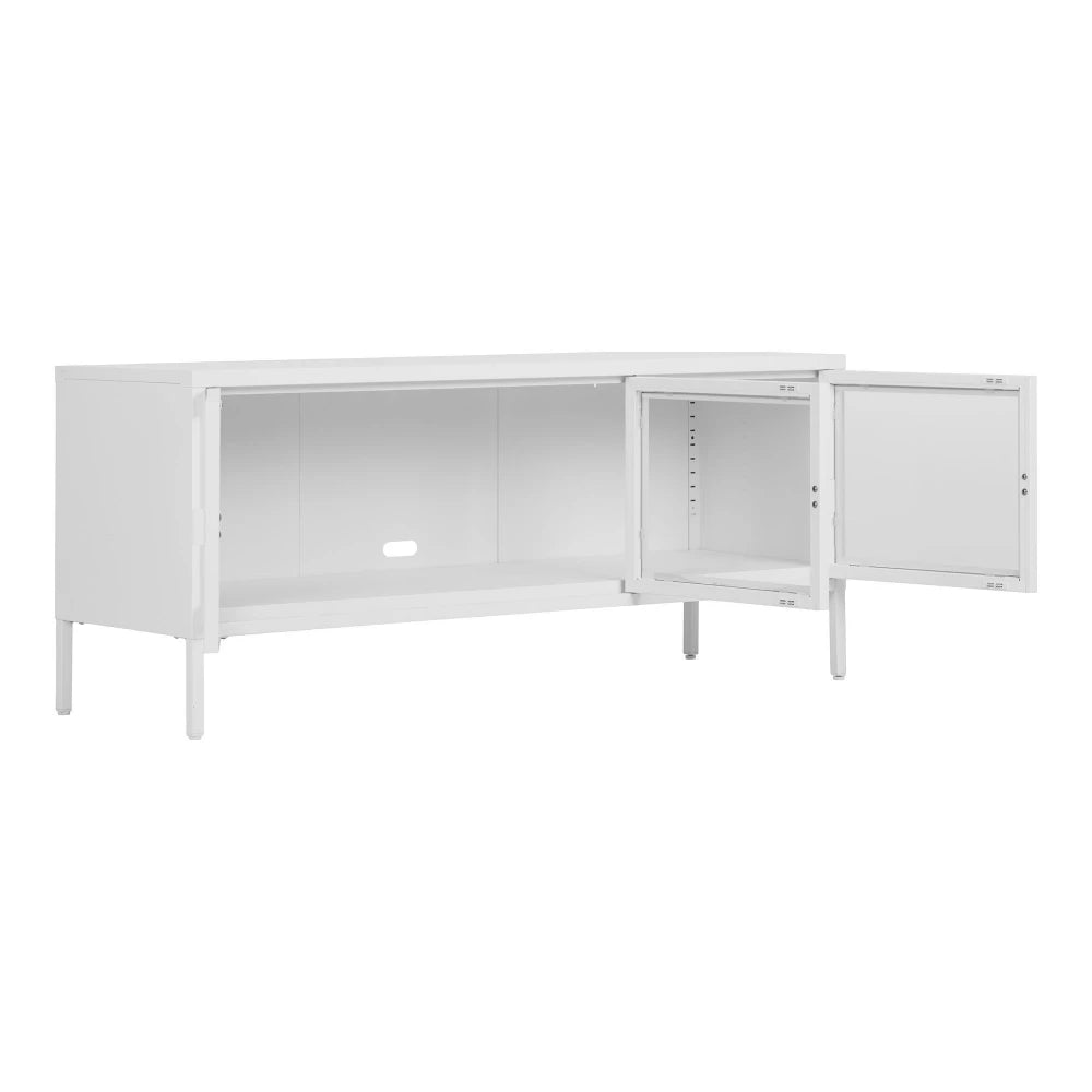 Comoda TV cu 3 usi din Sticla transparenta si Metal Alb L130xH55cm Brisbane