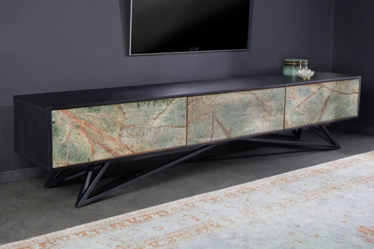Comoda TV cu usi furnir de piatra Turcoaz din Lemn de salcam lacuit Negru L200xH50cm Mountain Soul