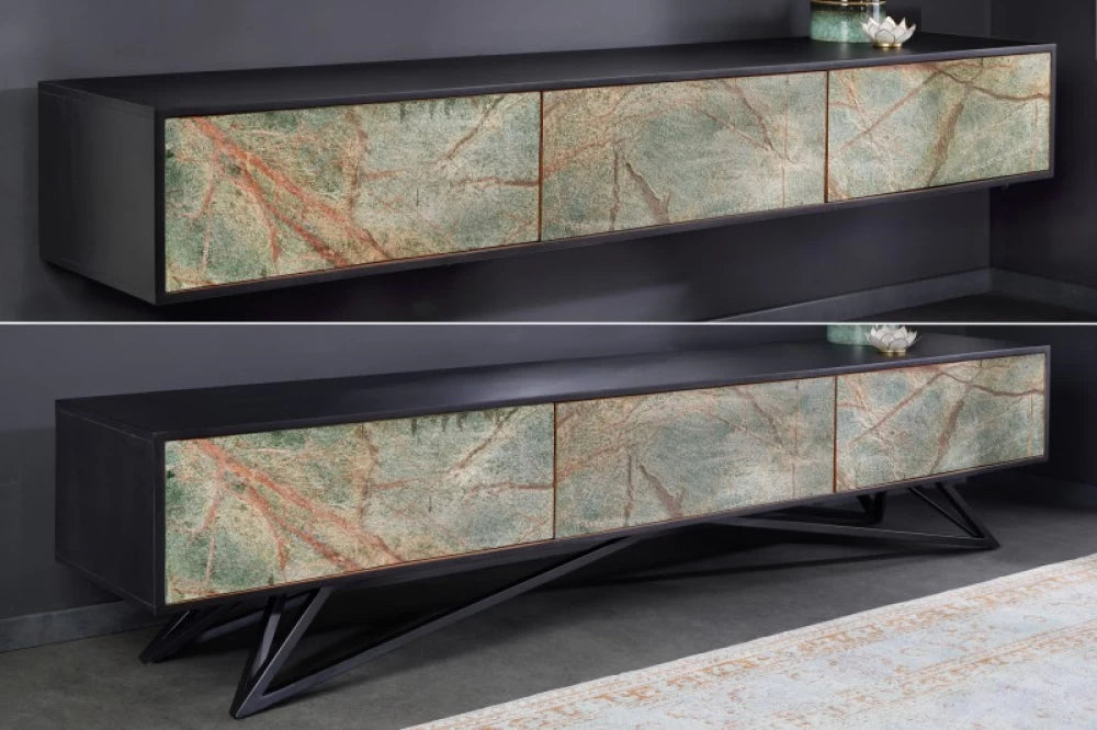 Comoda TV cu usi furnir de piatra Turcoaz din Lemn de salcam lacuit Negru L200xH50cm Mountain Soul
