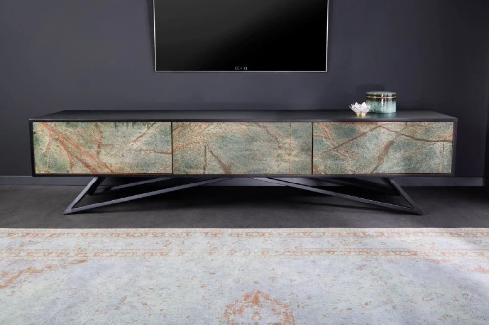 Comoda TV cu usi furnir de piatra Turcoaz din Lemn de salcam lacuit Negru L200xH50cm Mountain Soul