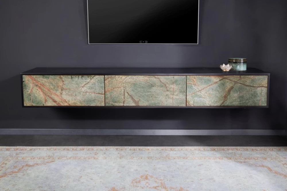Comoda TV cu usi furnir de piatra Turcoaz din Lemn de salcam lacuit Negru L200xH50cm Mountain Soul
