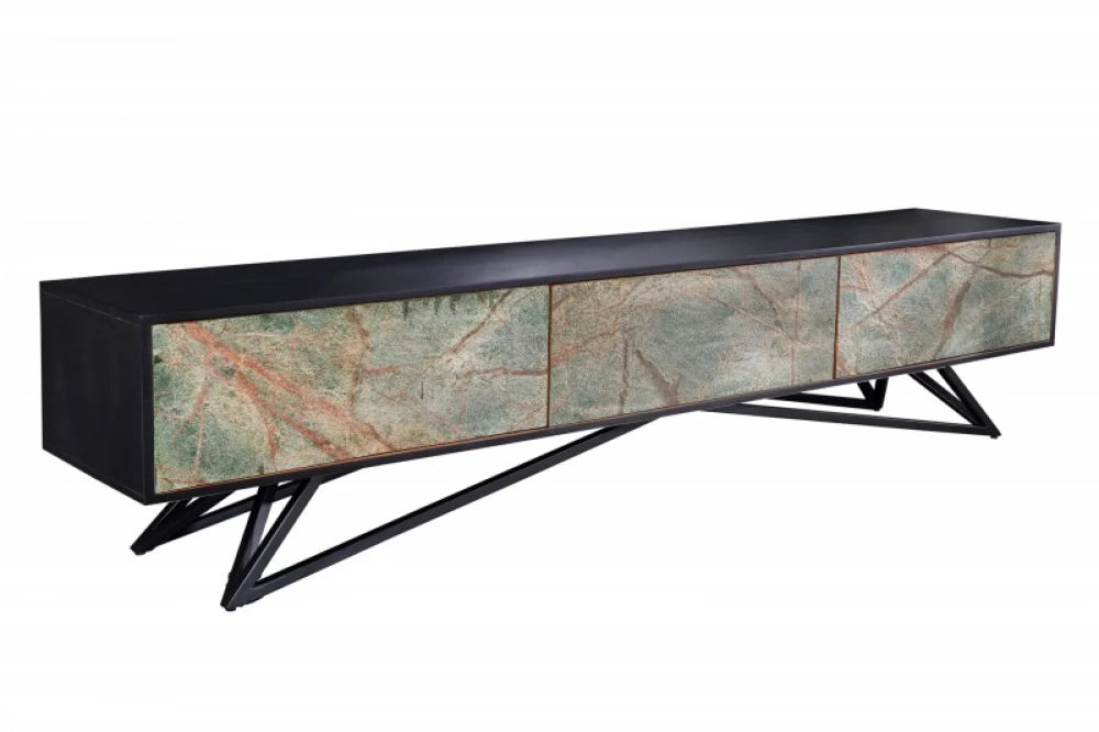 Comoda TV cu usi furnir de piatra Turcoaz din Lemn de salcam lacuit Negru L200xH50cm Mountain Soul
